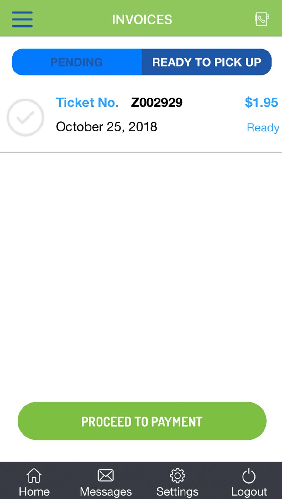App invoice screen